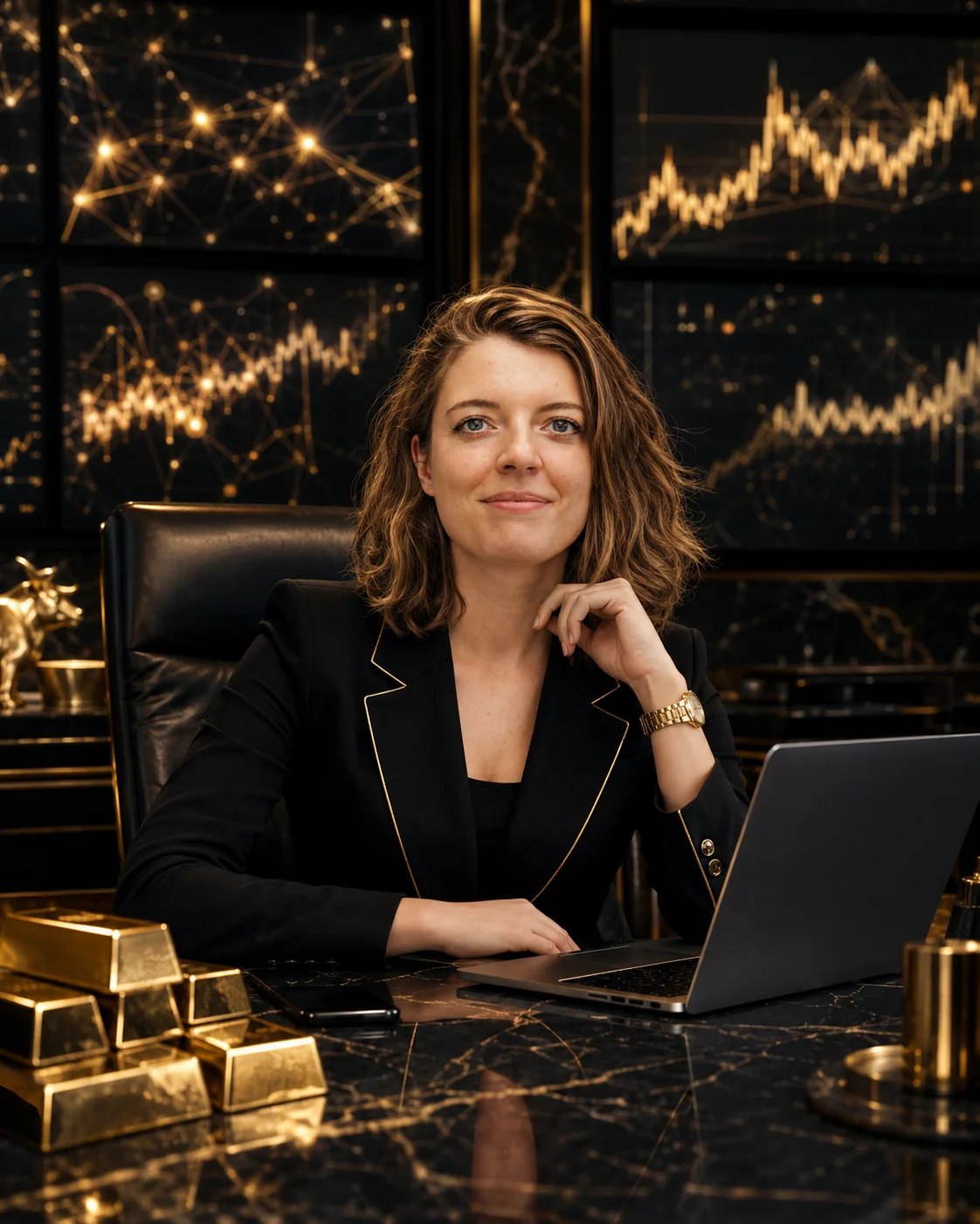 Marie Kilg at a black-and-gold desk with fictional market charts