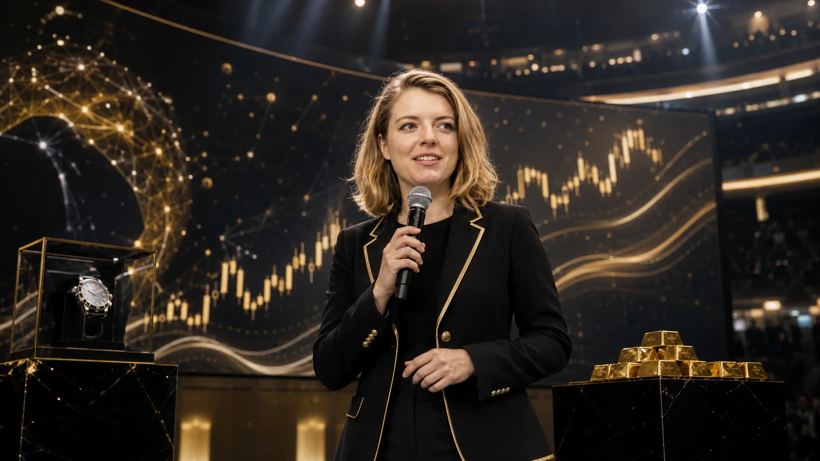 Marie Kilg presenting a satirical finance concept on a black-and-gold stage
