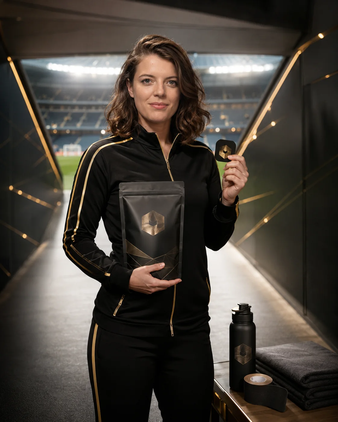 Marie Kilg holding fictional black-and-gold product packaging in a stadium tunnel