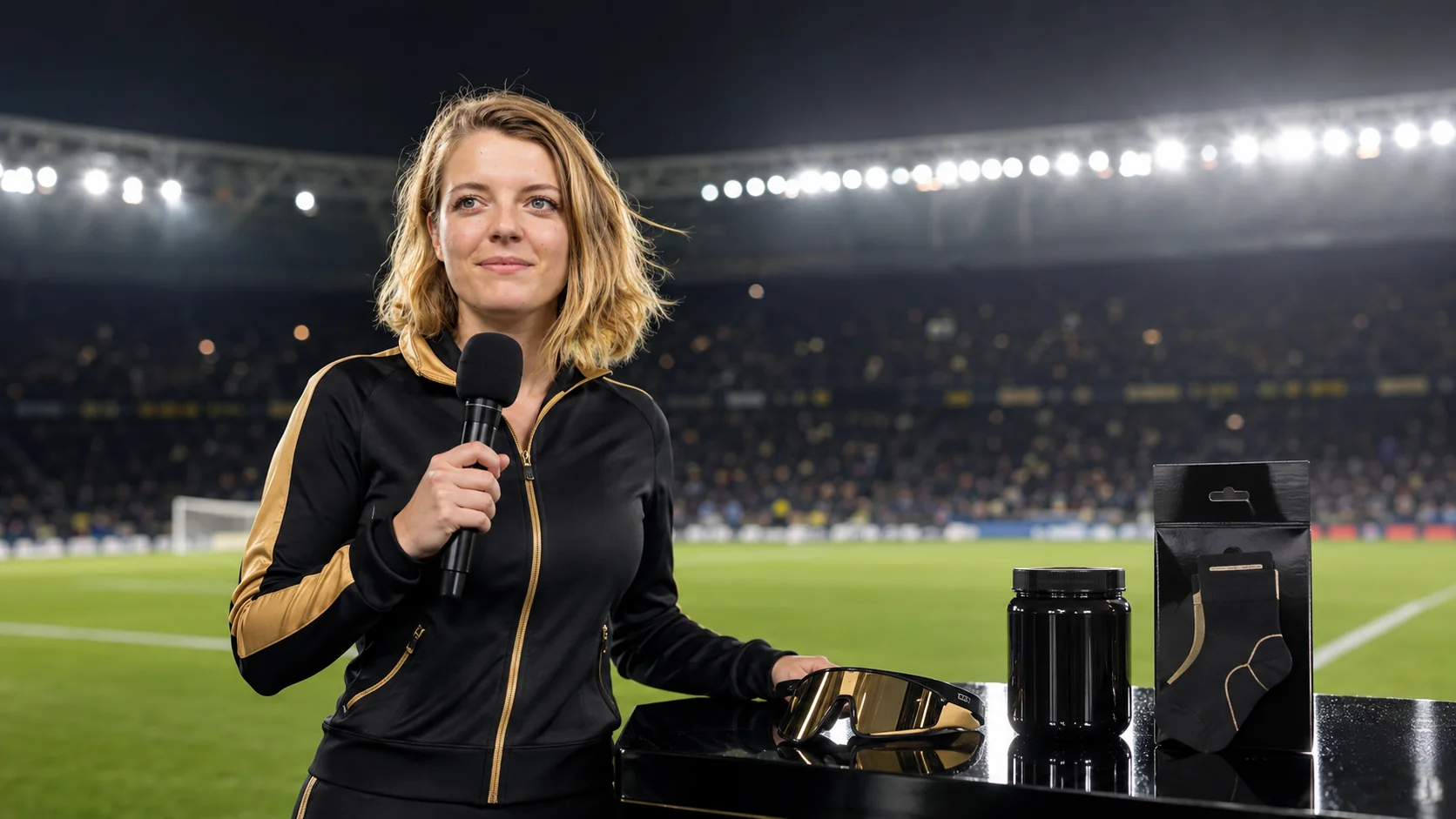 Marie Kilg presenting fictional black-and-gold performance products in a stadium