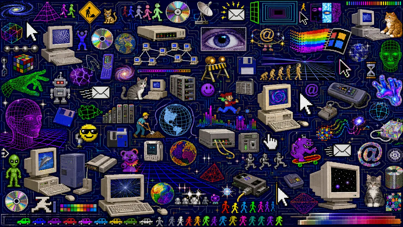 A chaotic 1990s computer collage of CRTs, cats, cursors, discs and robots