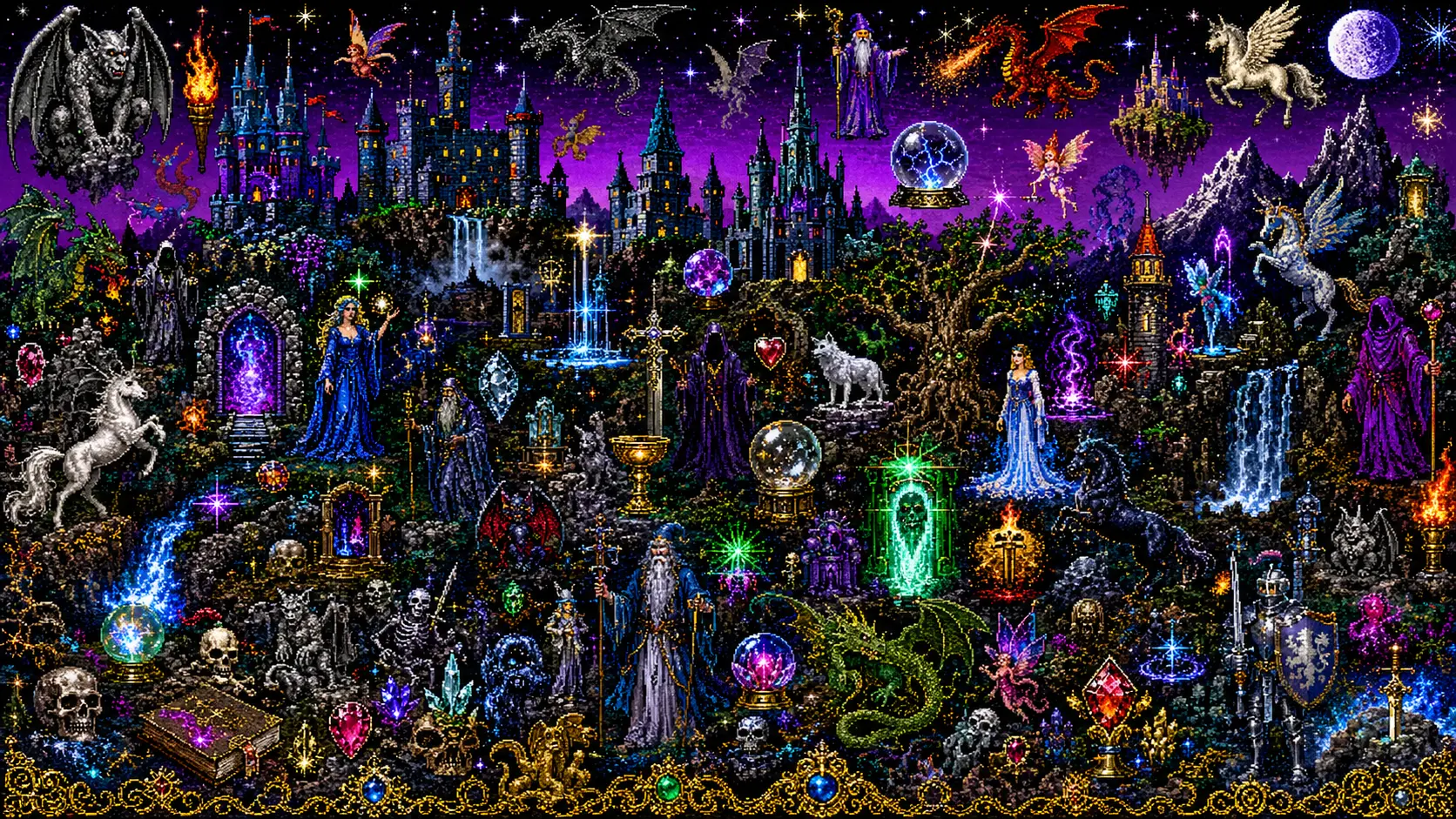 A crowded fantasy collage of dragons, castles, wizards and magic portals