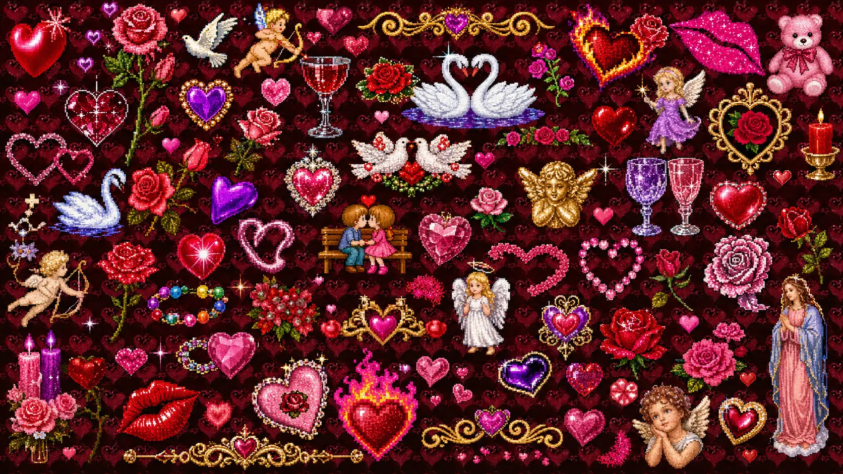A maximalist collage of hearts, roses, angels and glitter