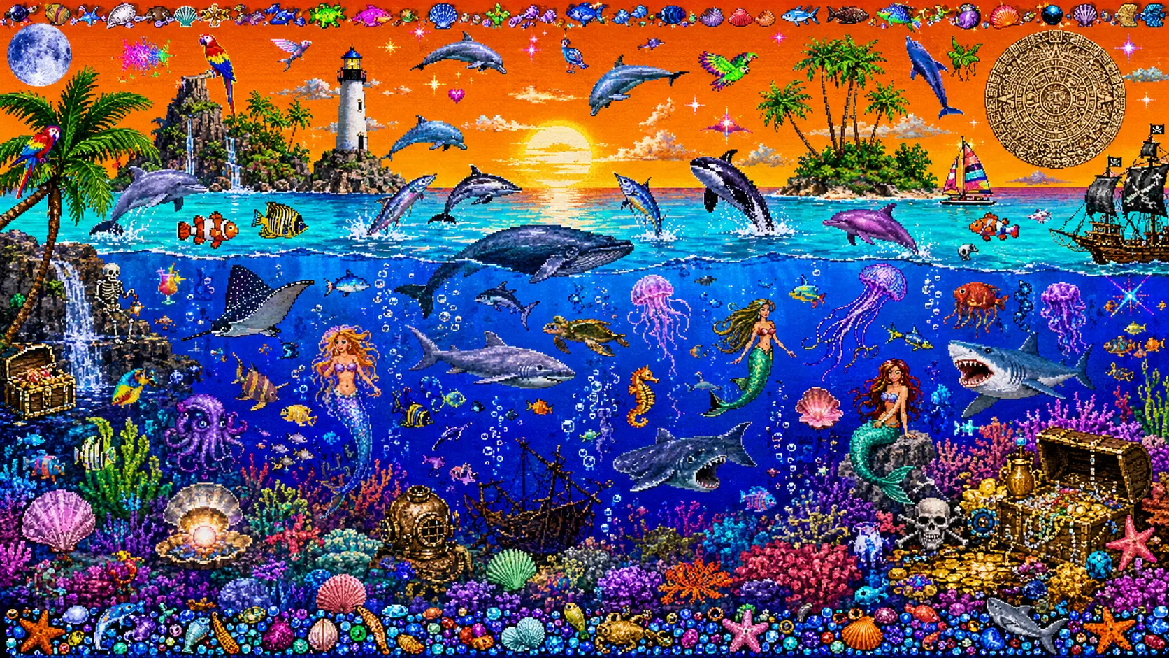 A dense tropical and underwater web collage with dolphins, mermaids and treasure