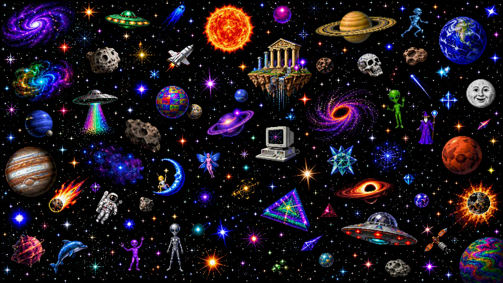 A dense cosmic collage of planets, stars, UFOs and strange web clip art